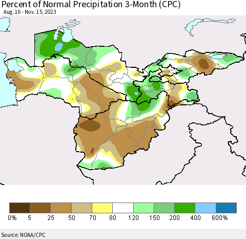 Central Asia Percent of Normal Precipitation 3-Month (CPC) Thematic Map For 8/16/2023 - 11/15/2023