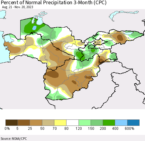Central Asia Percent of Normal Precipitation 3-Month (CPC) Thematic Map For 8/21/2023 - 11/20/2023