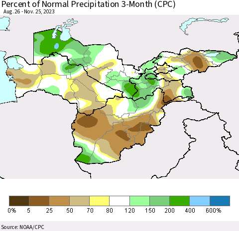 Central Asia Percent of Normal Precipitation 3-Month (CPC) Thematic Map For 8/26/2023 - 11/25/2023