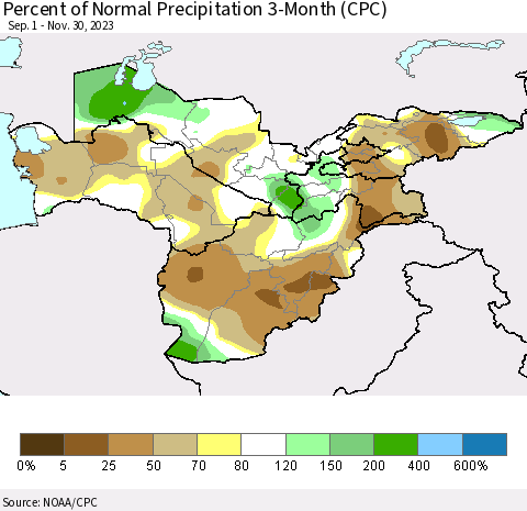 Central Asia Percent of Normal Precipitation 3-Month (CPC) Thematic Map For 9/1/2023 - 11/30/2023