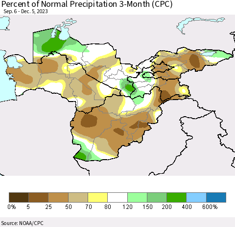 Central Asia Percent of Normal Precipitation 3-Month (CPC) Thematic Map For 9/6/2023 - 12/5/2023