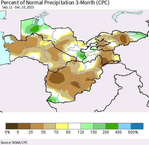 Central Asia Percent of Normal Precipitation 3-Month (CPC) Thematic Map For 9/11/2023 - 12/10/2023