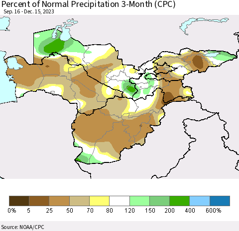 Central Asia Percent of Normal Precipitation 3-Month (CPC) Thematic Map For 9/16/2023 - 12/15/2023
