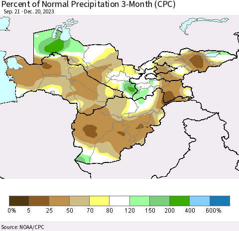 Central Asia Percent of Normal Precipitation 3-Month (CPC) Thematic Map For 9/21/2023 - 12/20/2023