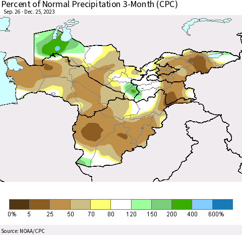 Central Asia Percent of Normal Precipitation 3-Month (CPC) Thematic Map For 9/26/2023 - 12/25/2023