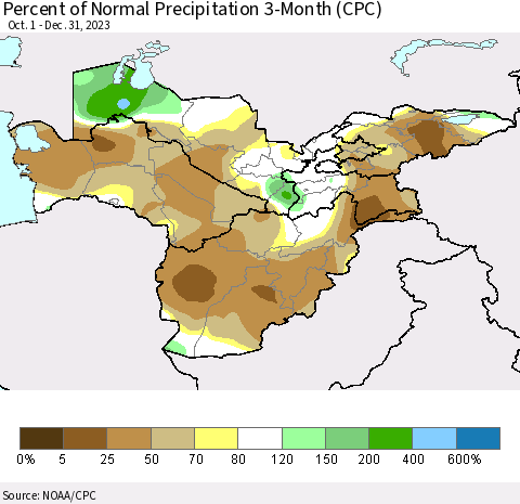 Central Asia Percent of Normal Precipitation 3-Month (CPC) Thematic Map For 10/1/2023 - 12/31/2023