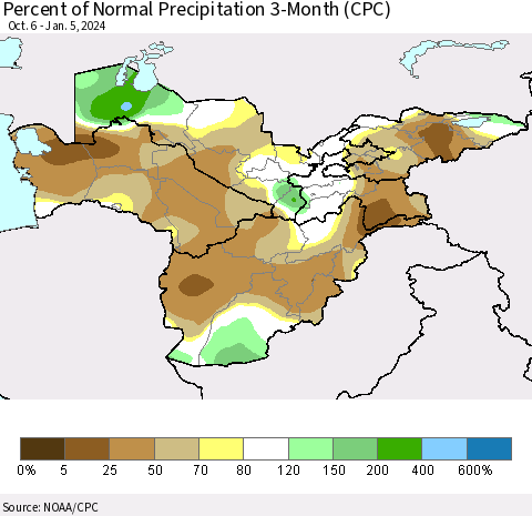 Central Asia Percent of Normal Precipitation 3-Month (CPC) Thematic Map For 10/6/2023 - 1/5/2024
