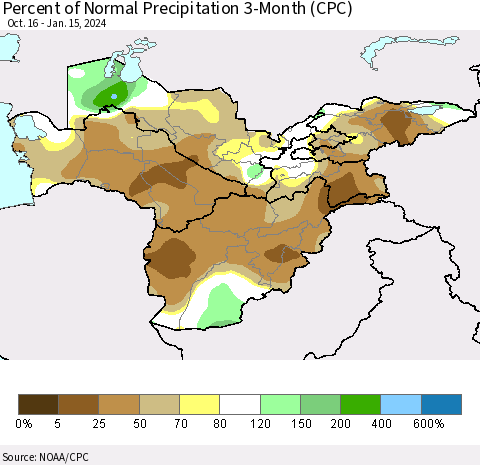Central Asia Percent of Normal Precipitation 3-Month (CPC) Thematic Map For 10/16/2023 - 1/15/2024