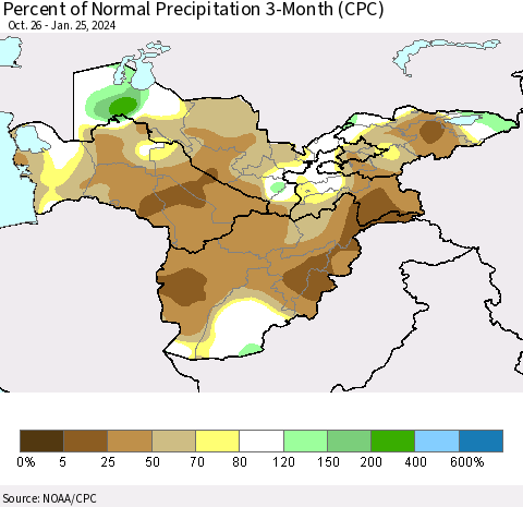 Central Asia Percent of Normal Precipitation 3-Month (CPC) Thematic Map For 10/26/2023 - 1/25/2024