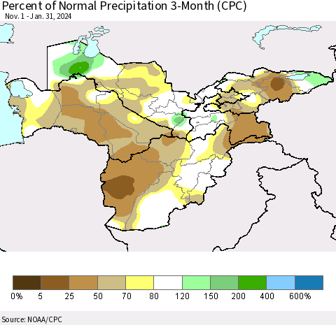 Central Asia Percent of Normal Precipitation 3-Month (CPC) Thematic Map For 11/1/2023 - 1/31/2024