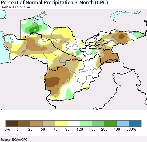 Central Asia Percent of Normal Precipitation 3-Month (CPC) Thematic Map For 11/6/2023 - 2/5/2024