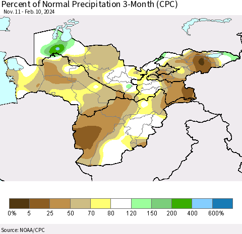 Central Asia Percent of Normal Precipitation 3-Month (CPC) Thematic Map For 11/11/2023 - 2/10/2024