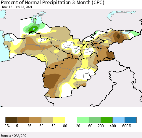 Central Asia Percent of Normal Precipitation 3-Month (CPC) Thematic Map For 11/16/2023 - 2/15/2024