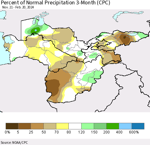 Central Asia Percent of Normal Precipitation 3-Month (CPC) Thematic Map For 11/21/2023 - 2/20/2024