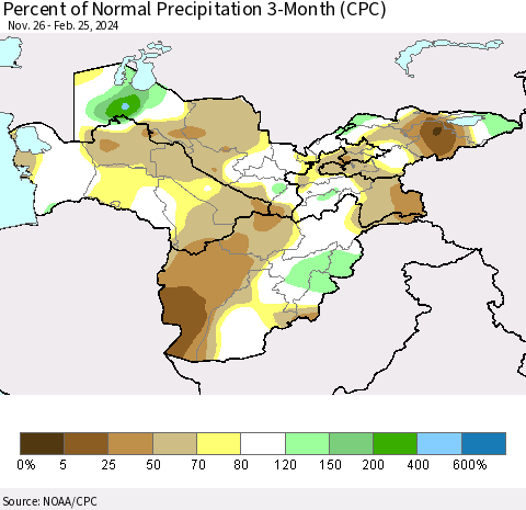 Central Asia Percent of Normal Precipitation 3-Month (CPC) Thematic Map For 11/26/2023 - 2/25/2024
