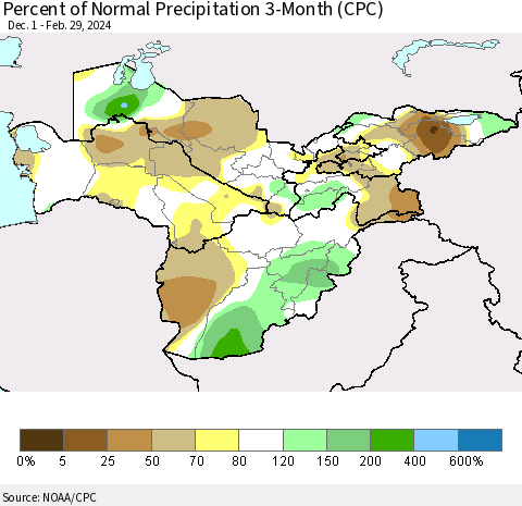 Central Asia Percent of Normal Precipitation 3-Month (CPC) Thematic Map For 12/1/2023 - 2/29/2024