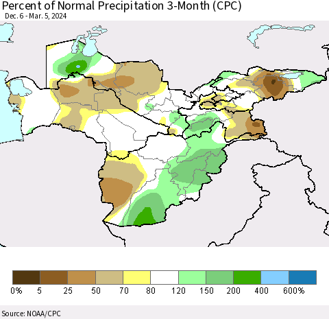 Central Asia Percent of Normal Precipitation 3-Month (CPC) Thematic Map For 12/6/2023 - 3/5/2024
