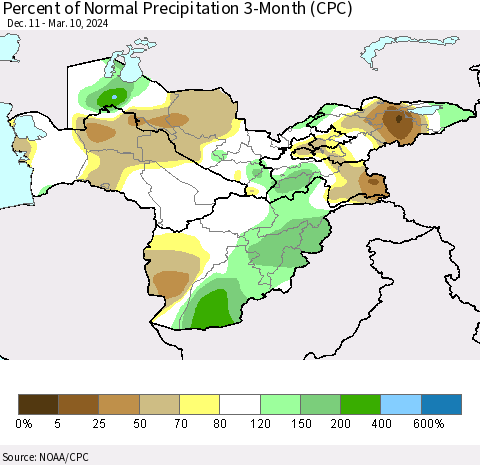 Central Asia Percent of Normal Precipitation 3-Month (CPC) Thematic Map For 12/11/2023 - 3/10/2024