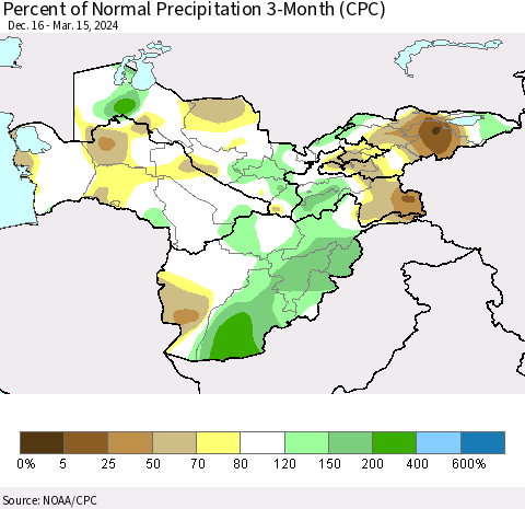 Central Asia Percent of Normal Precipitation 3-Month (CPC) Thematic Map For 12/16/2023 - 3/15/2024