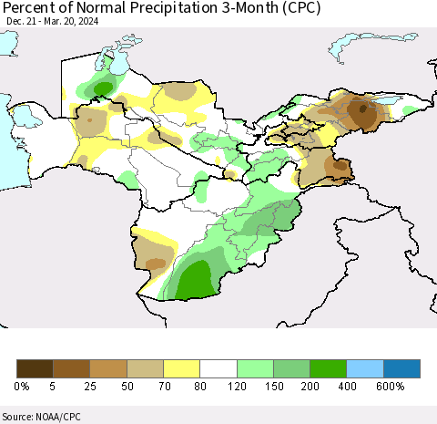 Central Asia Percent of Normal Precipitation 3-Month (CPC) Thematic Map For 12/21/2023 - 3/20/2024