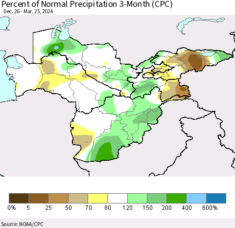 Central Asia Percent of Normal Precipitation 3-Month (CPC) Thematic Map For 12/26/2023 - 3/25/2024