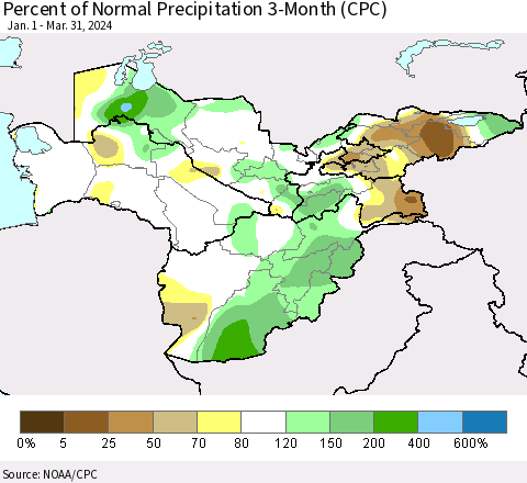 Central Asia Percent of Normal Precipitation 3-Month (CPC) Thematic Map For 1/1/2024 - 3/31/2024