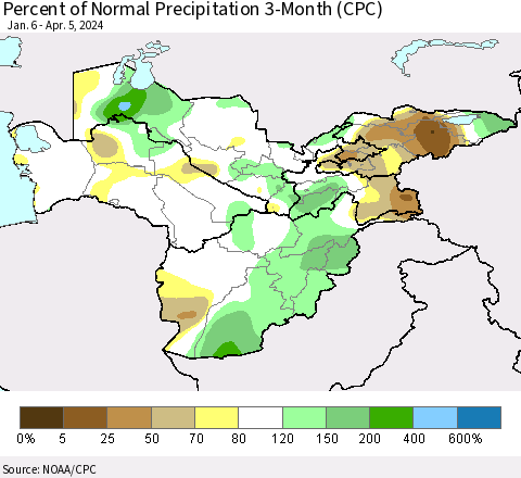 Central Asia Percent of Normal Precipitation 3-Month (CPC) Thematic Map For 1/6/2024 - 4/5/2024