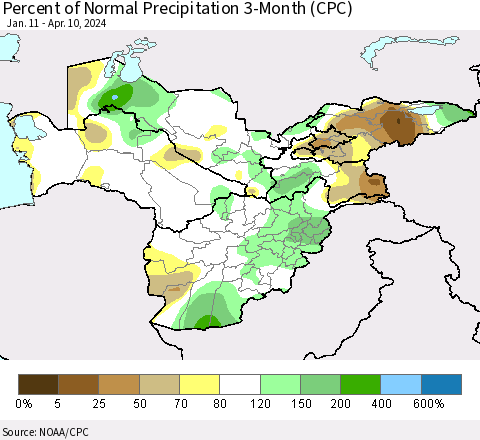 Central Asia Percent of Normal Precipitation 3-Month (CPC) Thematic Map For 1/11/2024 - 4/10/2024