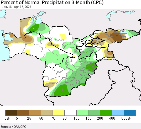 Central Asia Percent of Normal Precipitation 3-Month (CPC) Thematic Map For 1/16/2024 - 4/15/2024