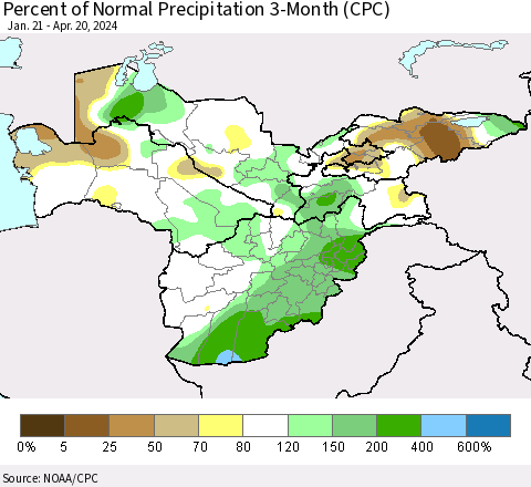 Central Asia Percent of Normal Precipitation 3-Month (CPC) Thematic Map For 1/21/2024 - 4/20/2024