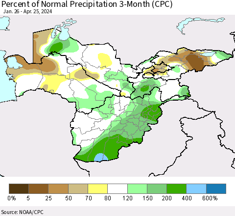 Central Asia Percent of Normal Precipitation 3-Month (CPC) Thematic Map For 1/26/2024 - 4/25/2024