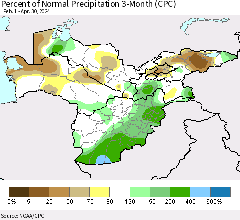 Central Asia Percent of Normal Precipitation 3-Month (CPC) Thematic Map For 2/1/2024 - 4/30/2024