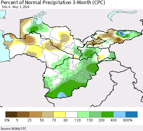 Central Asia Percent of Normal Precipitation 3-Month (CPC) Thematic Map For 2/6/2024 - 5/5/2024