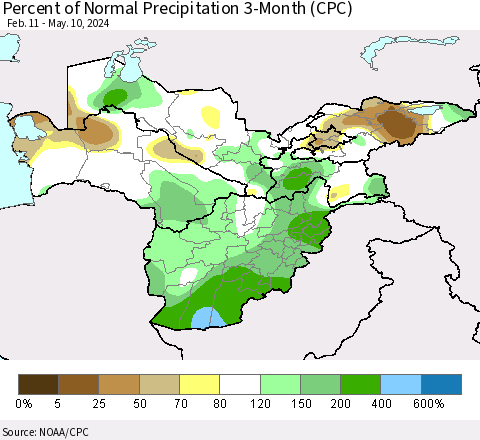 Central Asia Percent of Normal Precipitation 3-Month (CPC) Thematic Map For 2/11/2024 - 5/10/2024