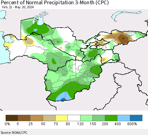 Central Asia Percent of Normal Precipitation 3-Month (CPC) Thematic Map For 2/21/2024 - 5/20/2024