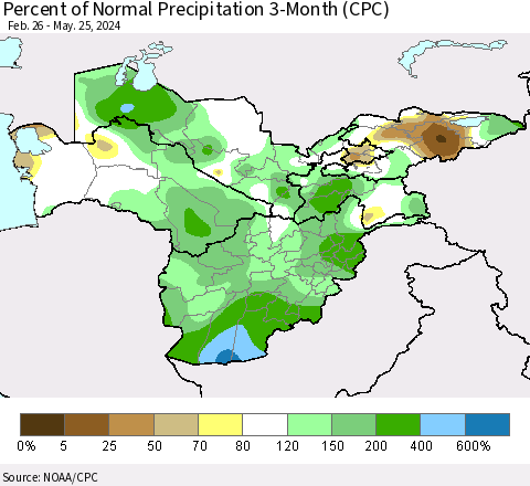 Central Asia Percent of Normal Precipitation 3-Month (CPC) Thematic Map For 2/26/2024 - 5/25/2024