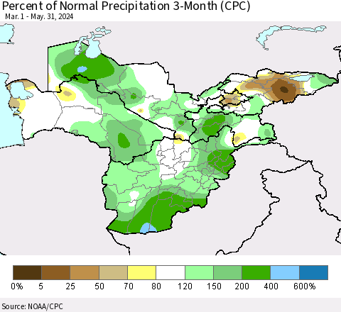 Central Asia Percent of Normal Precipitation 3-Month (CPC) Thematic Map For 3/1/2024 - 5/31/2024
