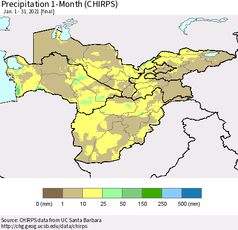 Central Asia Precipitation 1-Month (CHIRPS) Thematic Map For 1/1/2021 - 1/31/2021