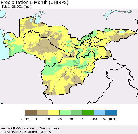 Central Asia Precipitation 1-Month (CHIRPS) Thematic Map For 2/1/2021 - 2/28/2021