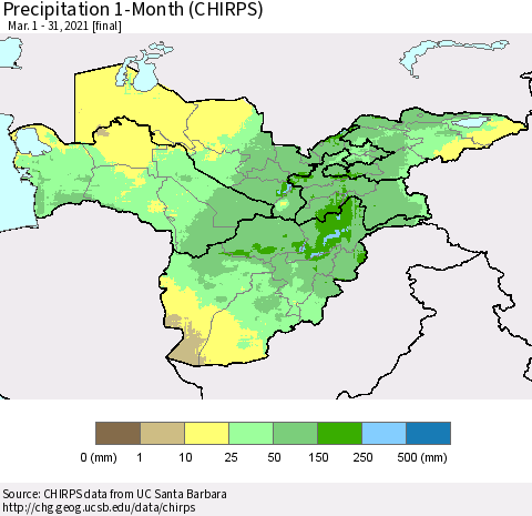 Central Asia Precipitation 1-Month (CHIRPS) Thematic Map For 3/1/2021 - 3/31/2021