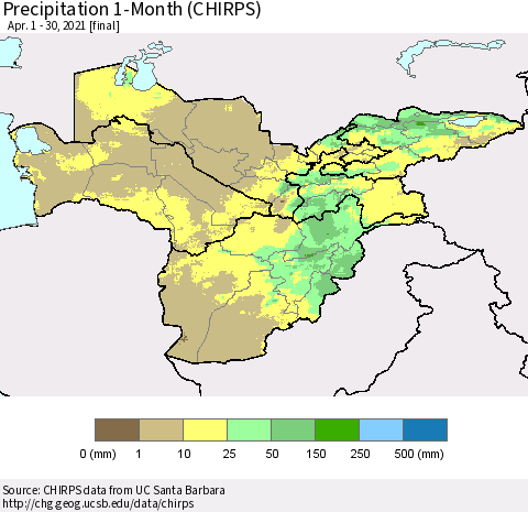 Central Asia Precipitation 1-Month (CHIRPS) Thematic Map For 4/1/2021 - 4/30/2021