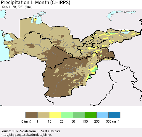 Central Asia Precipitation 1-Month (CHIRPS) Thematic Map For 9/1/2021 - 9/30/2021