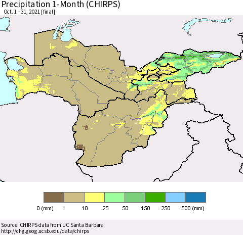 Central Asia Precipitation 1-Month (CHIRPS) Thematic Map For 10/1/2021 - 10/31/2021