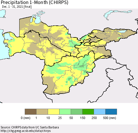 Central Asia Precipitation 1-Month (CHIRPS) Thematic Map For 12/1/2021 - 12/31/2021