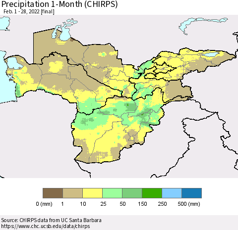 Central Asia Precipitation 1-Month (CHIRPS) Thematic Map For 2/1/2022 - 2/28/2022