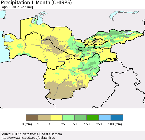 Central Asia Precipitation 1-Month (CHIRPS) Thematic Map For 4/1/2022 - 4/30/2022