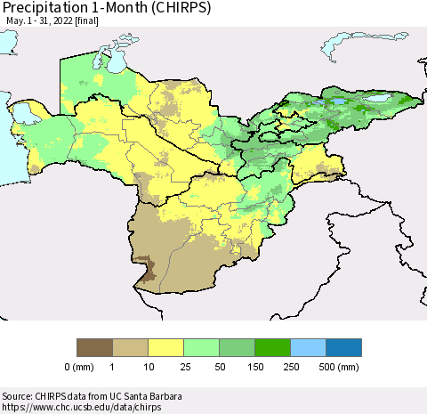 Central Asia Precipitation 1-Month (CHIRPS) Thematic Map For 5/1/2022 - 5/31/2022