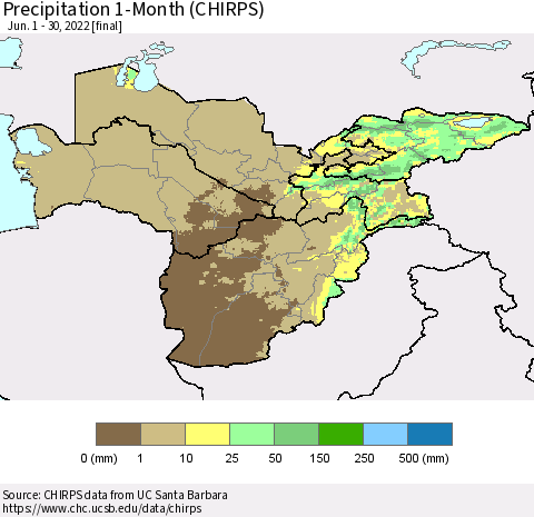 Central Asia Precipitation 1-Month (CHIRPS) Thematic Map For 6/1/2022 - 6/30/2022