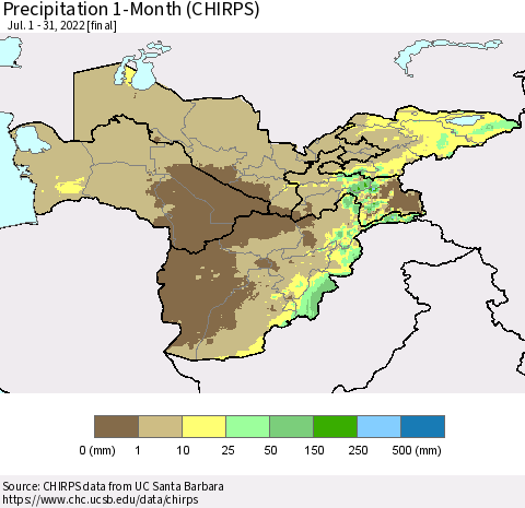 Central Asia Precipitation 1-Month (CHIRPS) Thematic Map For 7/1/2022 - 7/31/2022