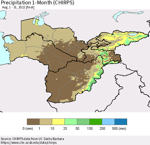 Central Asia Precipitation 1-Month (CHIRPS) Thematic Map For 8/1/2022 - 8/31/2022